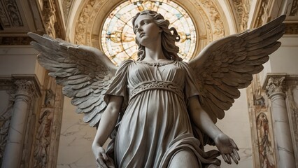Obraz premium Marble angel beneath stained glass illustration