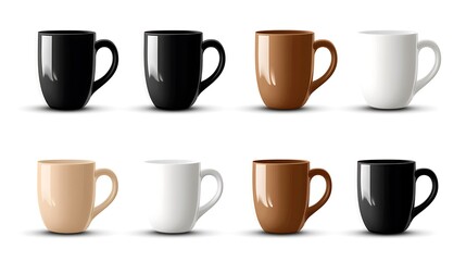 Collection of Eight Stylish Mugs in Various Colors and Finishes