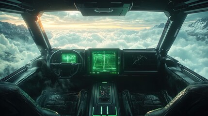 Black SUV with Green Digital Interface and Clouds