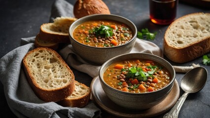 Hearty lentil soup with vegetables and fresh herbs photograph