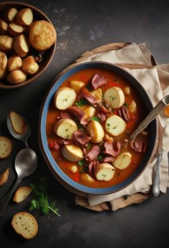 Bouneschlupp Soup with Crispy Bacon and Potatoes, golden brown, meaty flavor