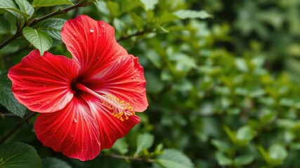 brightly colored hibiscus flower with sparkling dewdrops in a lush green environment, flowering plants, blooming flowers