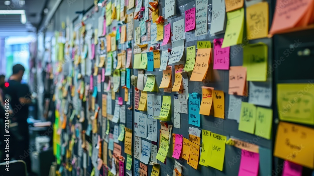 Poster project board filled with tasks and sticky notes being updated by team members during a stand-up mee