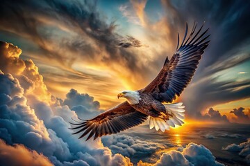 Cloudy sky, soaring eagle, AI-enhanced artistry.