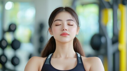 Fototapeta premium Young Asian woman meditating with closed eyes in a bright modern gym during a post workout wellness break.