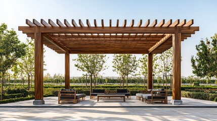 Fototapeta premium Clear skies backdrop a majestic wooden pergola with elegantly structured modern seating.