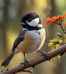 Fototapeta premium Chickadee with distinctive black cap on a twig, songbird, autumn, gray back