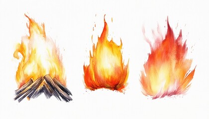 Vibrant watercolor illustrations of flames, showcasing different fire shapes and colors for creative use