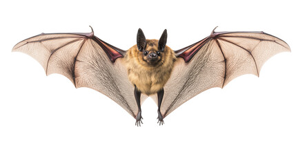 Close up of a bat in flight wings spread wide isolated on black background Perfect for wildlife documentaries nature publications or Halloween projects