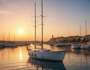 Fototapeta premium Classic sailing yacht moored in a marina at sunset with a clear blue sky and a warm golden light, sailing life, sailing yacht