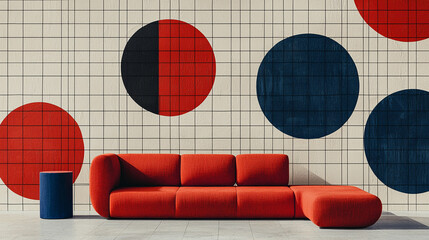 Red sofa and blue cylinder against a geometric wall.