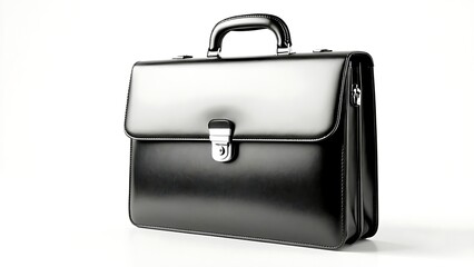 Elegant black leather briefcase with polished silver lock isolated on white background. Business accessory concept