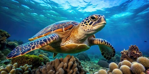 Fototapeta premium Close-up of a sea turtle swimming in the coral reef, coral, habitat, turtle, underwater, biology
