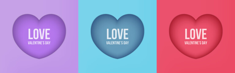 Set of hearts shape in 3d paper cut style. Collection for Valentine's day purple, blue and pink hearts background. Vector illustration.