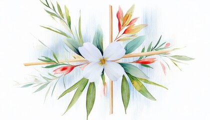 Elegant watercolor floral arrangement featuring vibrant leaves and blossoms on a soft, abstract background