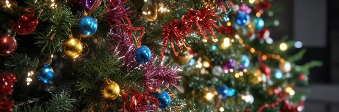 Close-up of colorful tinsel strands wrapping around a Christmas tree, twirly tinsel, colorful accents , tree wrapping