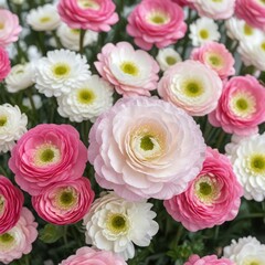 Close-up of pink and white ranunculus flowers in full bloom, fresh, bouquet, floral