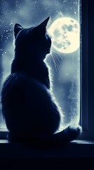 A cat enjoying a peaceful moment under the moonlight, sitting on a windowsill