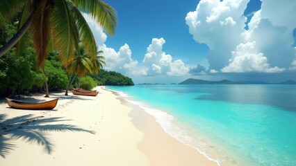 Fototapeta premium Playa Blanca in Colombia offers white sands, turquoise Caribbean waters, coral reefs, and lush greenery—an idyllic paradise perfect for relaxation and snorkeling adventures.