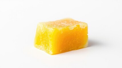 Close up shot of a single frozen mango cube on a white background, perfect for adding a refreshing touch to a fruity salad, fruit, ripe, snack