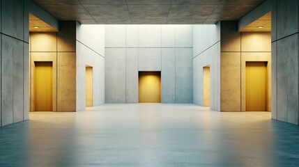 Fototapeta premium Modern Interior Space with Four Vertical Elevators and Minimalist Design in Soft Lighting and Concrete Walls