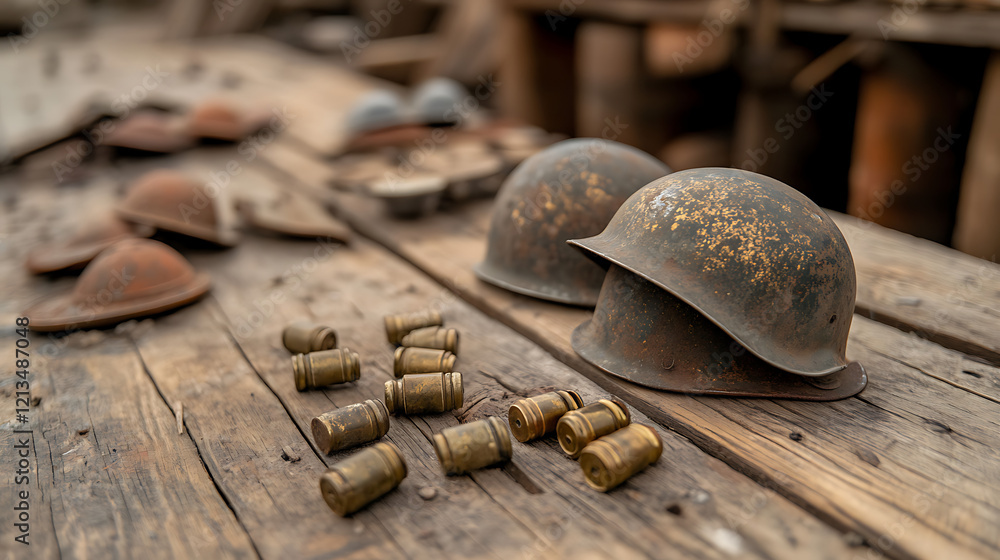 Wall mural Old war relics, such as helmets and bullets, retrieved with a fishing magnet, historical intrigue theme