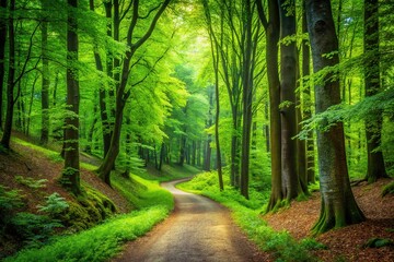 Fototapeta premium Discover hidden paths in a vibrant green forest landscape.