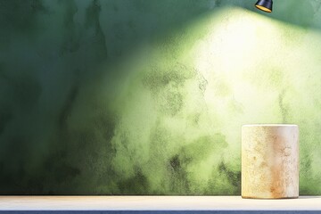Modern Minimalist Design with Spot Light on Cylindrical Sculpture on Wooden Shelf Against Green Textured Wall