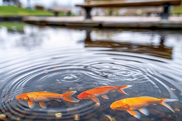 Three vibrant goldfish swim in a tranquil pond, creating ripples on the water's surface, with a blurred bench and greenery in the background.