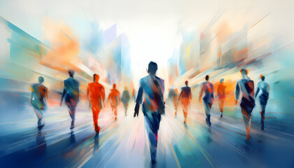Group of diverse people with teamwork with motion blur and movement.