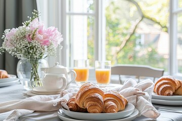 A cozy breakfast setting featuring croissants, orange juice, and flowers by the window, creating a warm, inviting atmosphere.