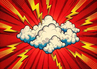 Dynamic red comic drone, cloud, lightning graphic.