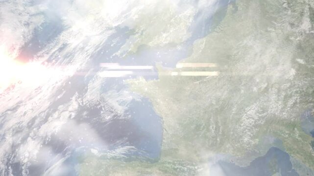 Earth zoom in from space and focus on Rennes, France. Background for travel blog or intro. Satellite view. 3D style animation. Images from NASA.