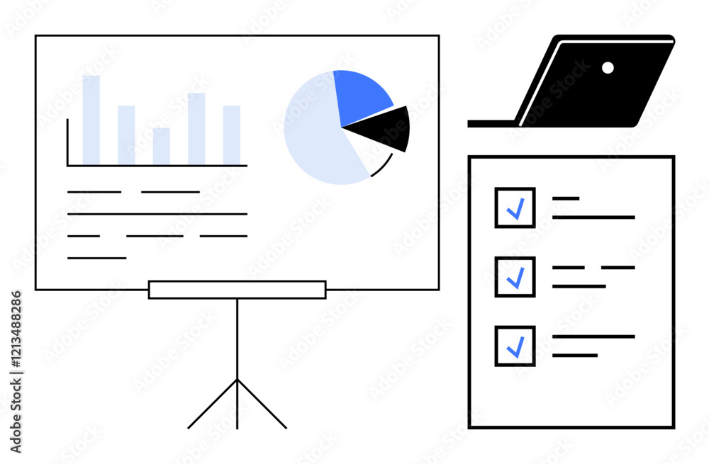 Poster presentation board with bar chart and pie chart, checklist with checkmarks, laptop. ideal for busine