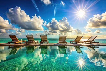 Fototapeta premium Elegant deck chairs, panoramic blue water, perfect for relaxation.