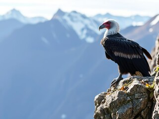 Andean condor perches on steep cliff edge with snow-capped peaks in background, natural scenery, soaring eagle