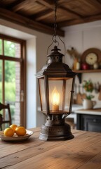 antique metal lantern hanging above a farmhouse kitchen table, antique metal lantern, old lantern, metal lantern