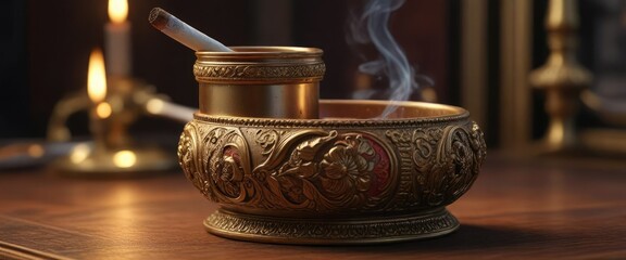 Antique aschenbecher with lit cigarette and ornate details, ember, smoke