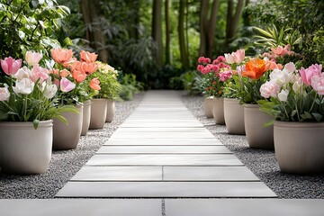 Obraz premium Serene Garden Path Adorned with Blooming Flowers in Pastel Hues