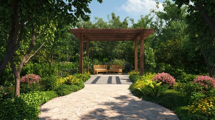 Garden stroll path under a pergola with stylish seating for tranquility