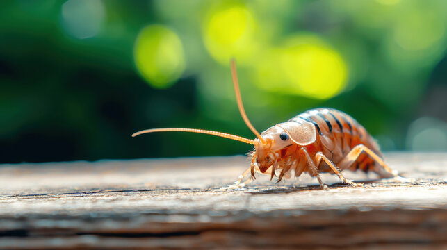 close up view of silverfish insect on wooden surface, with blurred green background
