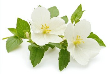Obraz premium Delicate White Jasmine Blossoms with Green Leaves Isolated on White Background