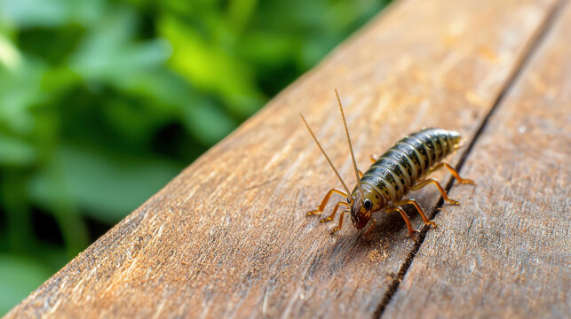 silverfish insect on wooden surface with blurred green background