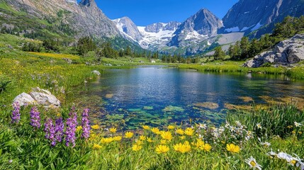 Mountain lake, wildflowers, sunny day, scenic valley.  Perfect for travel brochures