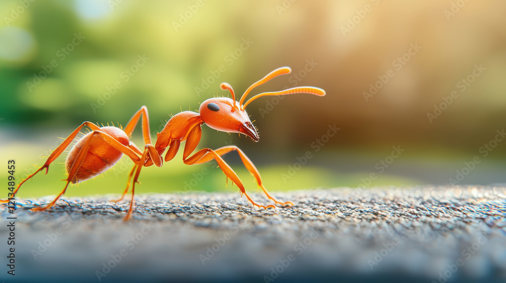 Poster close up of busy ant on textured surface with blurred background