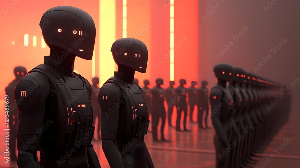 Poster a lineup of futuristic robots in a dimly lit space with red lighting.