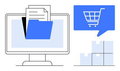 Computer screen with file folder and documents, blue shopping cart icon in speech bubble, stacked boxes. Ideal for e-commerce, online retail, inventory management, digital documentation, shipping