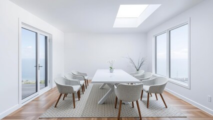 Bright Modern Dining Room with Large Windows and Minimalist Decor, Showcasing a Sleek Table and Comfortable Chairs in a Contemporary Style