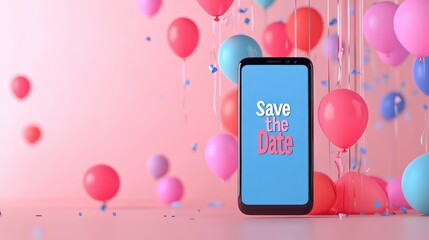 A beautifully designed digital birthday invitation card displayed on a smartphone, with bright colors, balloons, and a "Save the Date" message, perfect for modern online birthday invitations