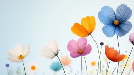 Naklejka premium Vibrant Cosmos Flowers in a Serene Field, Delicate Petals and Pastel Colors Against a Soft Blue Sky
